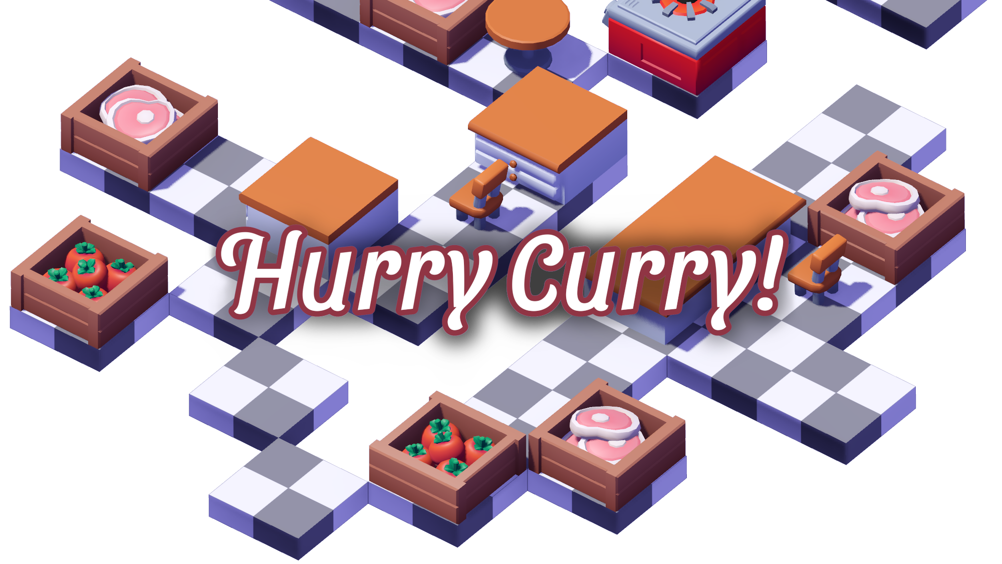 Hurry Curry! logo text with square game tiles such as counters, chairs and crates floating behind.